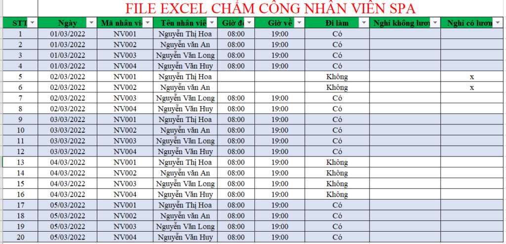 File excel chấm công nhân viên Spa