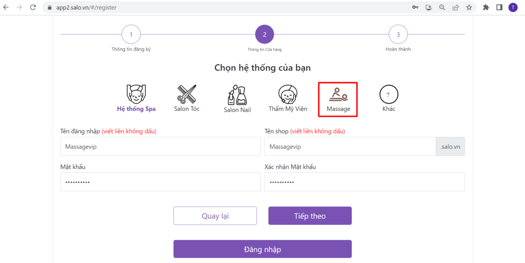 Đăng ký phần mềm quản lý tiệm Massage