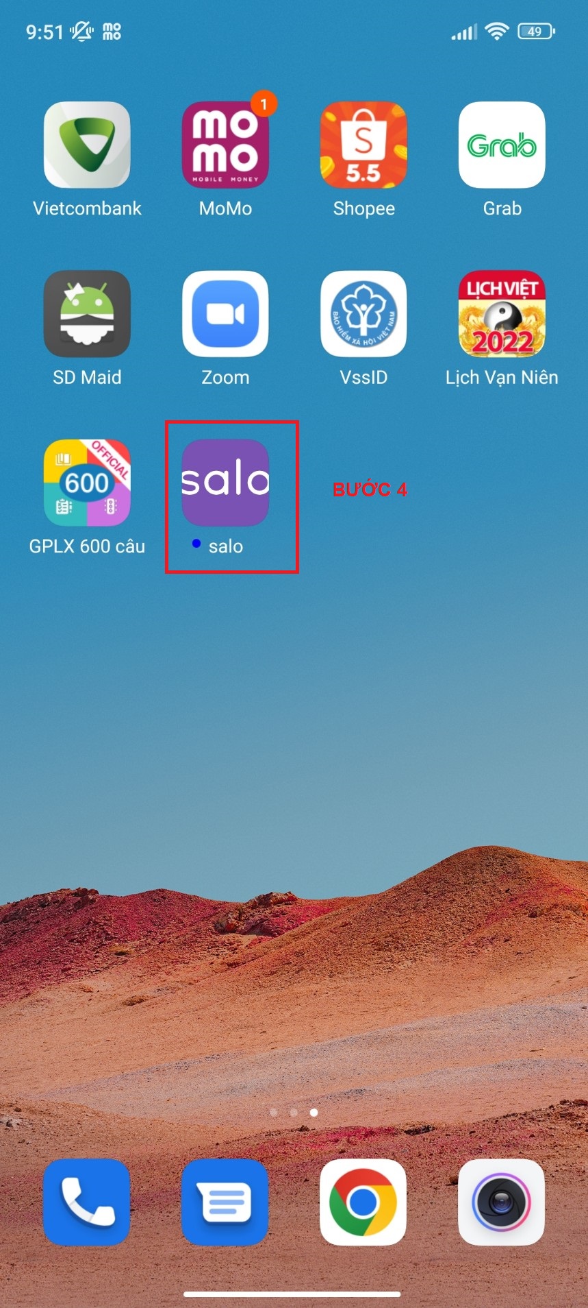 Bước 4: Ra màn hình chính của máy Android. Click App Salo đăng nhập và sử dụng
