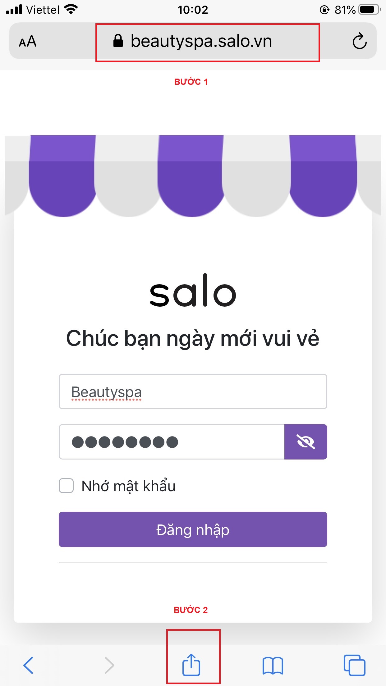 Bước 1: vào Safari gõ Link: ****.salo.vn